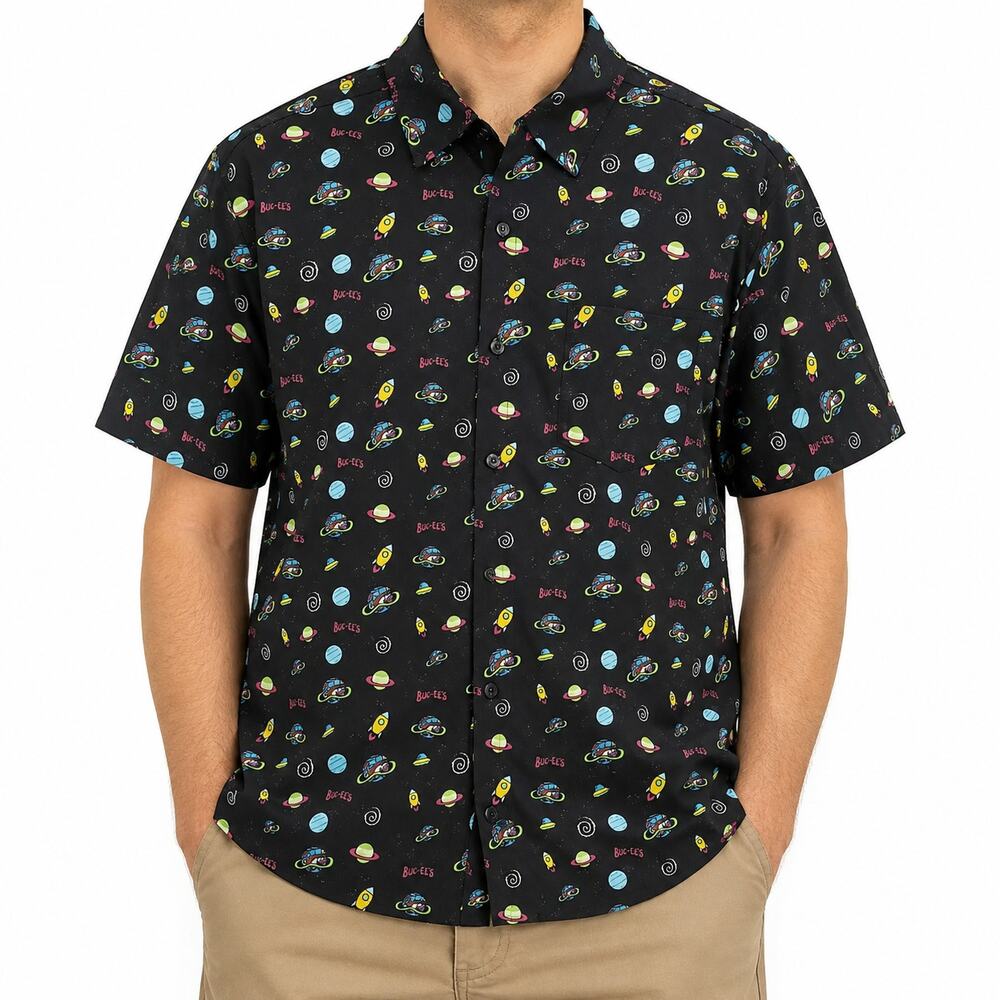 Buc-ees Shirt Mens M Black UFO Stars Planets Short Sleeve Classic Button-Up